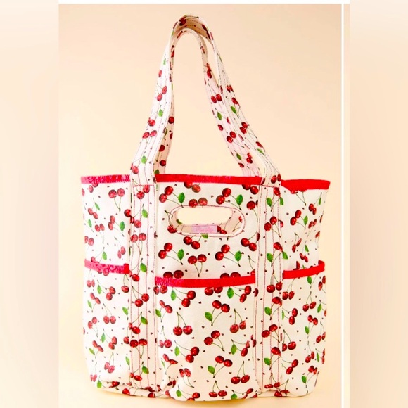 Cherry Themed White Canvas Shoulder Tote Travel Diaper Beach Bag Purse Pockets - Picture 6 of 7